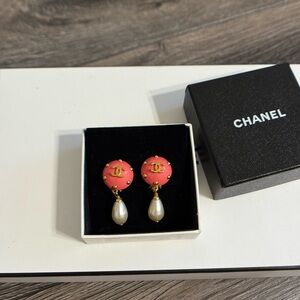 CHANEL Vintage Coral and Gold CC Faux Pearl Dangle Clip On Earrings
